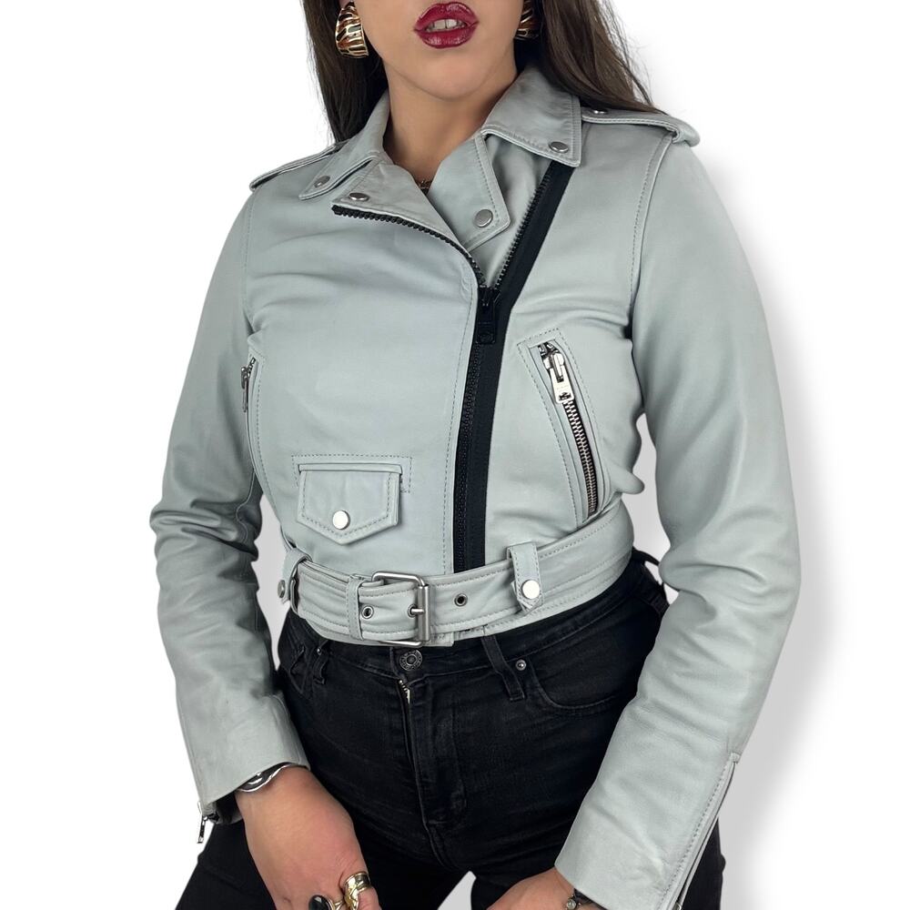 ALL SAINTS baby blue gray lamb leather BARON Biker motorcycle cropped jacket - Picture 4 of 16